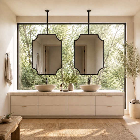 Ceiling Mounted Bathroom Mirror, Metal Framed Vanity Mirror, Custom Ceiling Mounted Mirror, Luxury Bathroom Decor