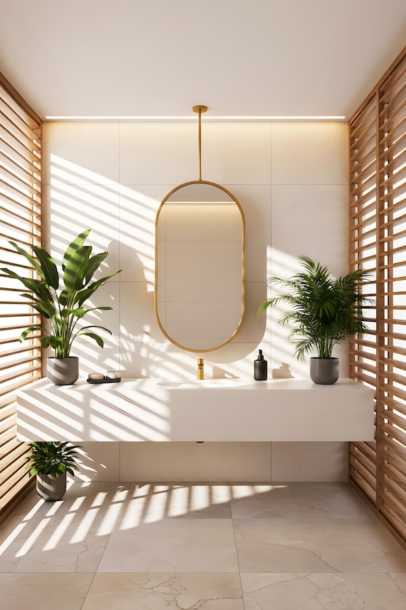 Gold Metal Framed Oval Mirror, Ceiling Mounted Bathroom Decor, Moden Decorative Mirror