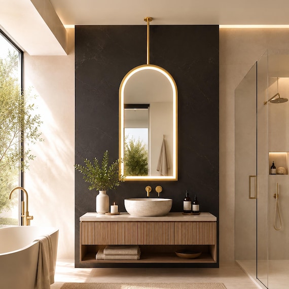 Ceiling Mounted LED Arch Mirror, Luxury Bathroom Mirror with Gold Metal Frame