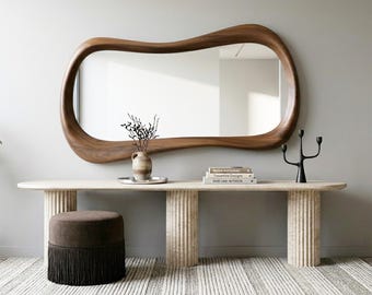 Walnut Irregular Mirror, Asymmetrical Wooden Wall Decor, Organic Handmade Frame Mirror
