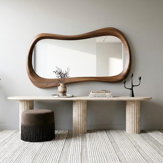 Walnut Irregular Mirror, Asymmetrical Wooden Wall Decor, Organic Handmade Frame Mirror