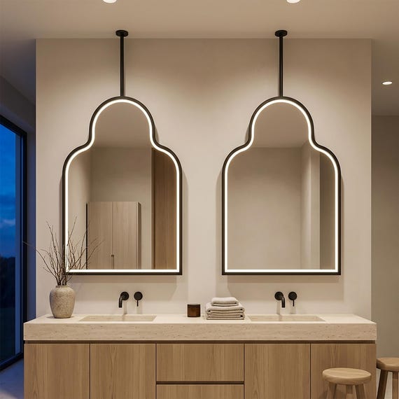 Modern Ceiling-Mounted Metal-Framed Mirror with LED Lighting, Mirrors for Hair Salons, Minimalist Bathroom Decor