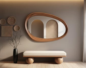 Asymmetrical Wall Mirror with Solid Wood Frame, Organic Shape Mirror for Entryway, Modern Interiors