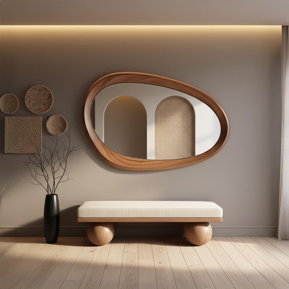 Asymmetrical Wall Mirror with Solid Wood Frame, Organic Shape Mirror for Entryway, Modern Interiors