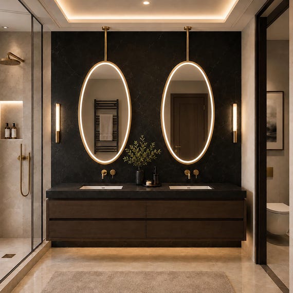 Ceiling-Hung Elliptical LED Bathroom Mirror, Ceiling-Mounted Mirror for Window Area