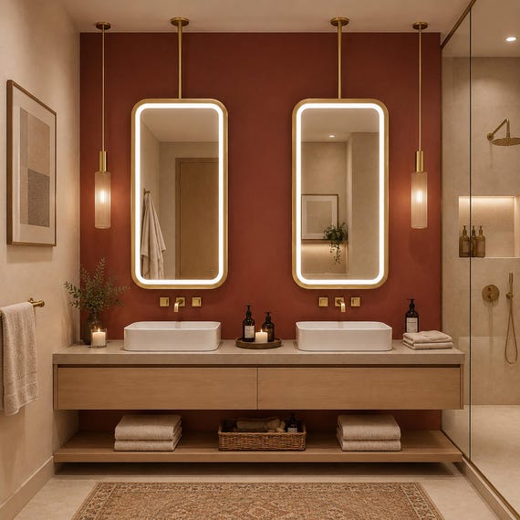 Ceiling-Mounted Mirror for Window-Front Placement, Modern Architectural LED-Lit Mirror
