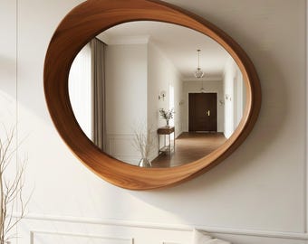 Walnut Wood Wall Decoration Mirror, Asymmetrical Wooden Mirror, Table Top Design