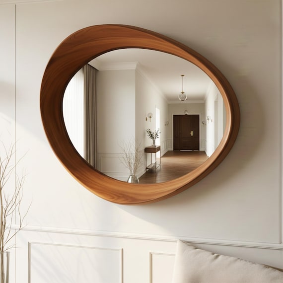 Walnut Wood Wall Decoration Mirror, Asymmetrical Wooden Mirror, Table Top Design