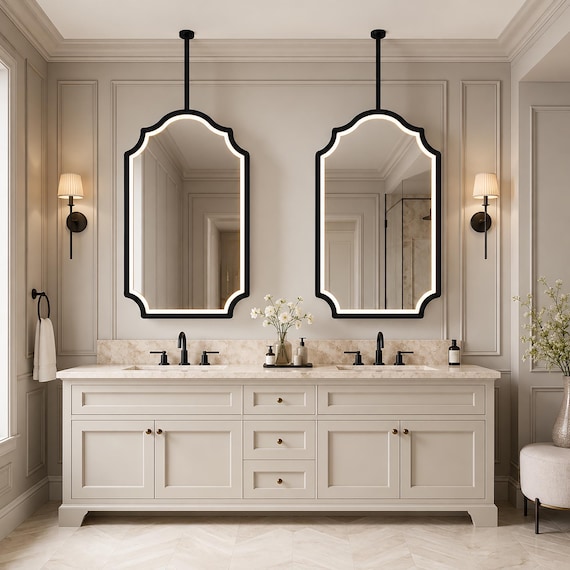 Suspended LED Mirror, Ceiling Hanging Metal Frame Lighted Mirror, Gold Metal Frame