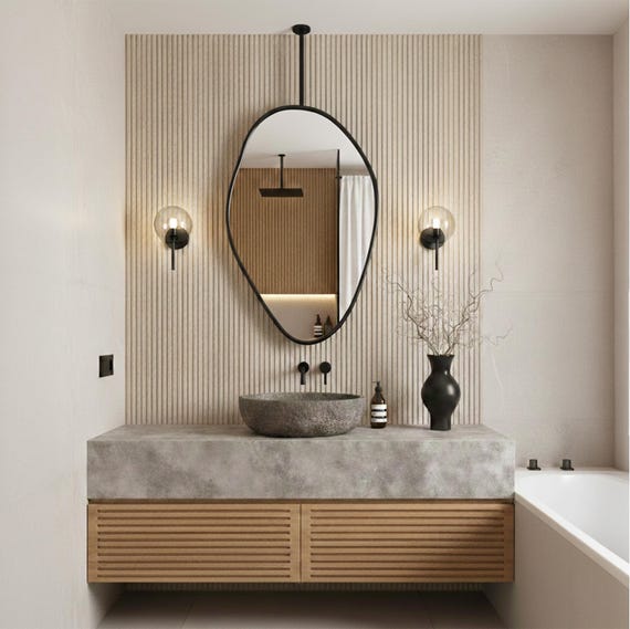 Handmade Metal Frame Hanging Mirror, Ceiling Mounted Bathroom Mirror, Asymmetrical Design Toilet Decor