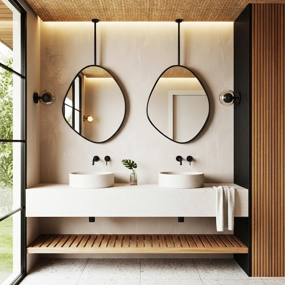 Ceiling Mounted Bathroom Mirror Hanging Vanity Mirror Metal Frame Modern Minimalist Double Sink Decor