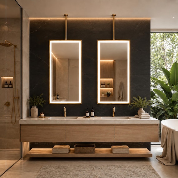 Ceiling Mounted Mirror, Gold Hanging Vanity, LED Bathroom, Luxury Home Mirror