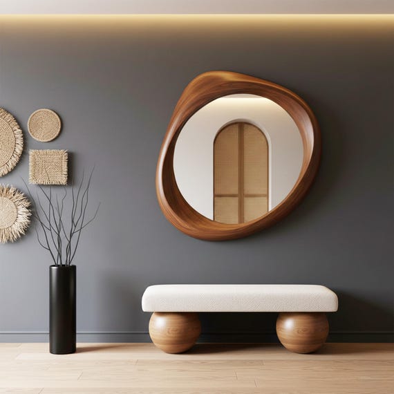Wooden Mirror for Bench, Handmade Decorative Mirror Made from Walnut Wood, Asymmetrical Wall Design