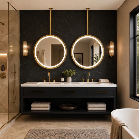 Round Ceiling LED Mirror, Gold Hanging Bathroom Mirror, Luxury Vanity Decor Modern