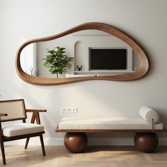 Asymmetrical Design Natural Wood Wall Mirror, Walnut Tree Decor, Irregular Entryway Mirror