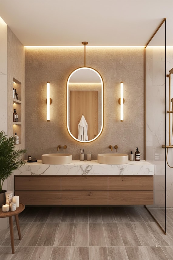 LED Illuminated Metal Framed Ceiling Mounted Mirror, Bathroom Decor, Moden Decorative Mirror