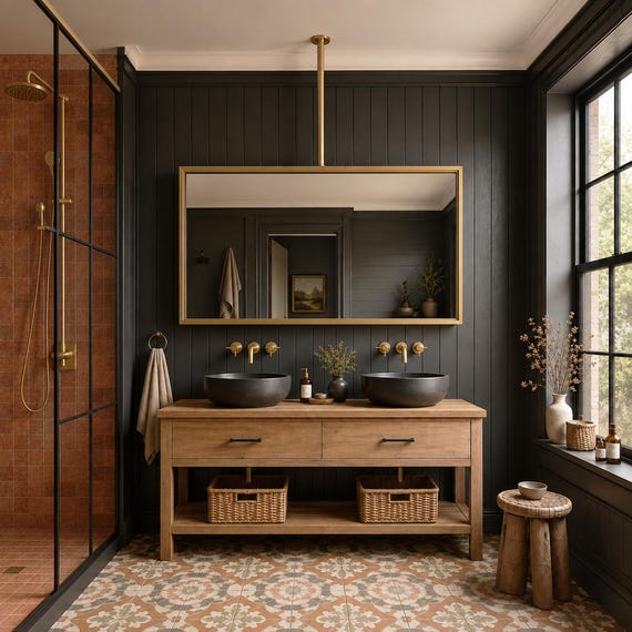 Ceiling Mounted Mirror, Rectangular Bathroom Vanity, Suspended Metal Frame Hanging Double Sink Decor
