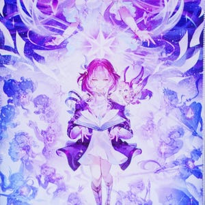 May include: A vibrant, fantasy-themed illustration featuring a central figure with pink hair holding a book, surrounded by other characters in shades of purple and blue. The artwork has a detailed, ethereal style with a starburst design.