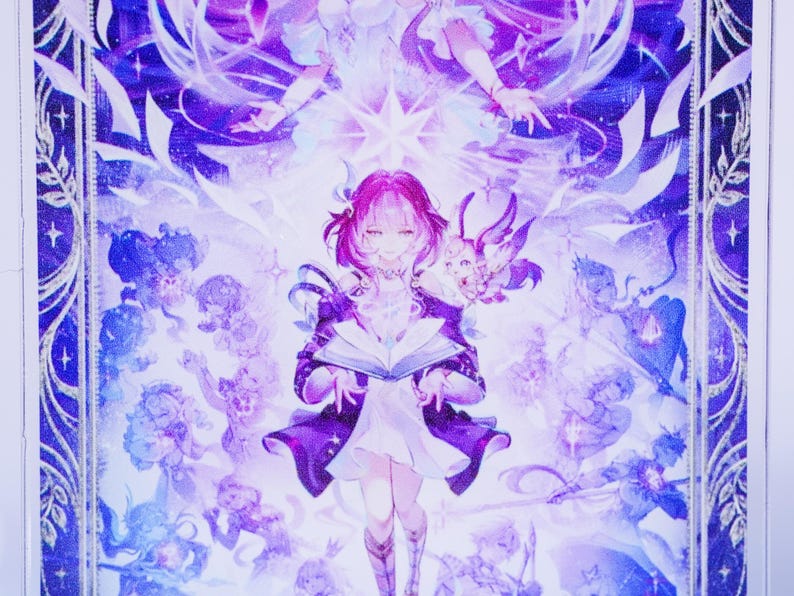 May include: A vibrant, fantasy-themed illustration featuring a central figure with pink hair holding a book, surrounded by other characters in shades of purple and blue. The artwork has a detailed, ethereal style with a starburst design.