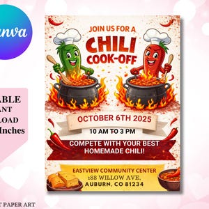Puede incluir: Un folleto colorido para un concurso de chili. El diseño presenta pimientos de dibujos animados como chefs, cocinando chili en ollas sobre llamas. El texto incluye detalles del evento: fecha, hora y lugar.