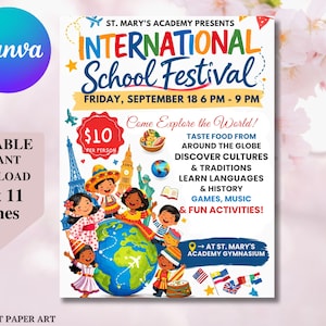 Könnte beinhalten: Ein farbenfrohes Plakat für das Internationale Schulfest der St. Mary's Academy. Das Plakat zeigt den Text "International School Festival" und Illustrationen von Kindern, Wahrzeichen und Flaggen. Das Plakat ist 21,59 cm x 27,94 cm groß.