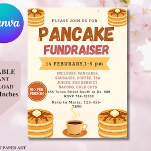 Volantino per raccolta fondi con pancake: invito alla colazione modificabile (download digitale)
