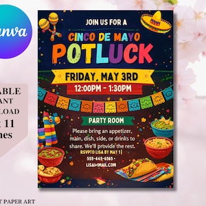 Bearbeitbare Cinco De Mayo Potluck Flyer Vorlage, Taco Fiesta Invite, Canva