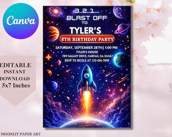 Invitación a fiesta de cumpleaños espacial de neón, invitación a fiesta de galaxia, invitación de cumpleaños de astronauta del espacio exterior, planetas de cohetes espaciales, Canva editable