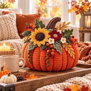 May include: A crocheted orange pumpkin decoration adorned with a large yellow sunflower, a dark red flower, small white blossoms, green leaves, and orange berries. The pumpkin features a textured brown stem and sits on a wooden tray.