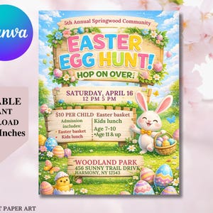 Puede incluir: Un colorido folleto de búsqueda de huevos de Pascua con un conejito de dibujos animados sosteniendo una canasta de huevos. El folleto incluye detalles del evento: fecha, hora, lugar y precio de entrada. Las palabras "Easter Egg Hunt" se muestran de forma destacada.