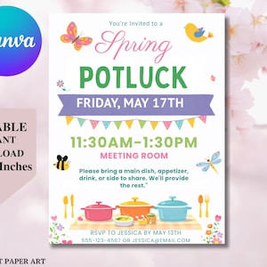 Op de afbeelding: Een uitnodiging voor een lentepotluck met een bloemen- en pastelontwerp. De uitnodiging bevat de tekst "Spring Potluck" en details voor het evenement, inclusief datum, tijd en RSVP-informatie. De uitnodiging is 21,6 x 27,9 cm.