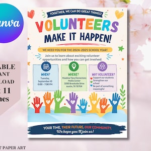 Bewerkbare wervingsflyer voor vrijwilligers, sjabloon voor PTO-evenement voor school-PTO (directe download)