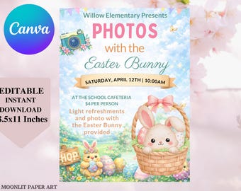 Plantilla de volante con foto de conejo de Pascua, evento escolar, Canva editable (21,5 x 28 cm)