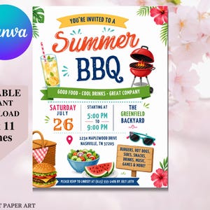 Puede incluir: Un folleto de invitación para una barbacoa de verano que mide 21,59 por 27,94 cm. El diseño presenta una parrilla roja, un vaso de limonada, una hamburguesa, una ensalada, rodajas de sandía y gafas de sol. El texto incluye detalles del evento.