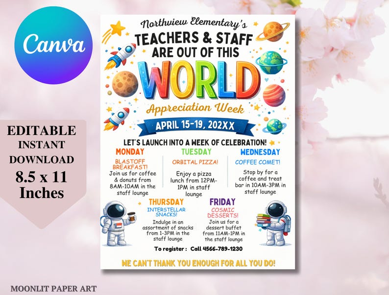 International Theme Teacher Appreciation Week Itinerary Flyer (canva ...