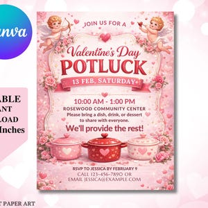 Może przedstawiać: Różowe zaproszenie na Walentynkowy Potluck z cherubinami, sercami i różami. Tekst brzmi "Walentynkowy Potluck" i zawiera datę, godzinę i miejsce. Zaproszenie ma wymiary 21,59 x 27,94 cm i jest edytowalnym natychmiastowym pobraniem.