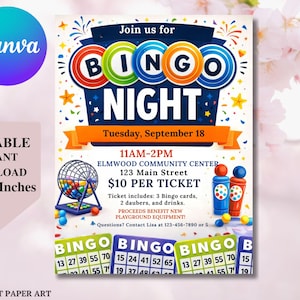 May include: A colorful Bingo Night event flyer with the text "Join us for Bingo Night" and event details. The flyer includes a Bingo ball graphic, event time, location, and ticket information. The flyer is 8.5x11 inches.