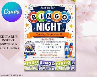 Editable Bingo Night Flyer Template: School Fundraiser Invite (8.5x11 Inches, PDF Download)