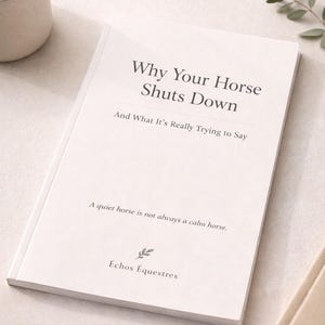 May include: A white book titled "Why Your Horse Shuts Down" with the text "And What It's Really Trying to Say." The book also includes the text "A quiet horse is not always a calm horse." and "Échos Équestres."