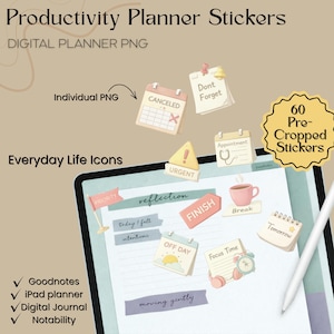 Neutral Productivity Planner Stickers PNG for GoodNotes | 60 Pre-Cropped Digital Icons for iPad Time Blocking & Daily Planning