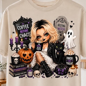 Halloween Coffee Before Chaos PNG | Witch Coffee PNG | Spooky Girl Sublimation Design Gothic Halloween PNG  Black Cat Digital Download