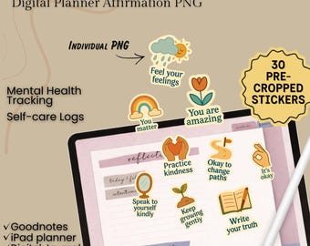Gentle Affirmation Stickers PNG | Mental Health Planner | Digital Journal (30 Pre-Cropped)
