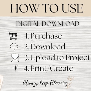 May include: A digital download instruction graphic with the text HOW TO USE and DIGITAL DOWNLOAD. It lists four steps: 1. Purchase with a shopping cart icon, 2. Download with a cloud icon, 3. Upload to Project with an envelope icon, 4. Print/Create with a sparkle icon. The text Always keep Blooming is at the bottom.