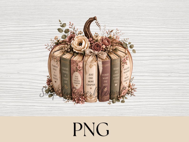 May include: A pumpkin-shaped arrangement of books with spines labeled with text including Pumpkin Spice, Coffee Books, Fall Is My Favorite Chapter, Just One More Chapter, Stories Warm The Soul, Books Are Always A Good Idea, and Sweater Weather.
