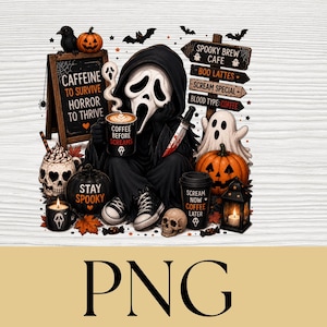May include: A graphic illustration featuring a hooded figure with a white mask holding a coffee mug labeled COFFEE BEFORE SCREAMS. Includes a chalkboard sign reading CAFFEINE TO SURVIVE HORROR TO THRIVE, a signpost for SPOOKY BREW CAFE, pumpkins, a ghost, and a skull.