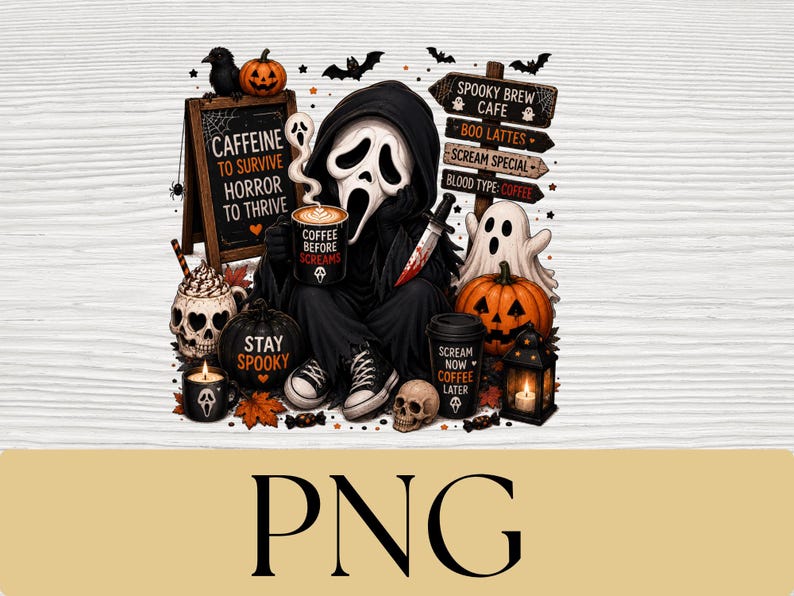 May include: A graphic illustration featuring a hooded figure with a white mask holding a coffee mug labeled COFFEE BEFORE SCREAMS. Includes a chalkboard sign reading CAFFEINE TO SURVIVE HORROR TO THRIVE, a signpost for SPOOKY BREW CAFE, pumpkins, a ghost, and a skull.