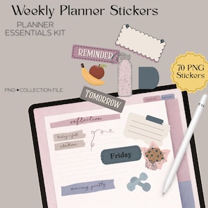 May include: Digital weekly planner stickers with various designs. Includes stickers with the words "Reminder", "Tomorrow", and "Friday". Also features stickers of a banana, apple, water bottle, and dumbbells. The text "Weekly Planner Stickers" is at the top.