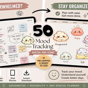 Puede incluir: Iconos digitales de seguimiento del estado de ánimo con 50 imágenes PNG. La imagen presenta una tableta con iconos de estado de ánimo, incluyendo el texto "Overwhelmed" y "Stay Organized". Los iconos están precortados y listos para usar en planificadores digitales.