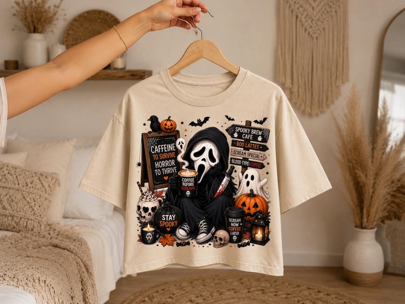 May include: A beige t-shirt featuring a graphic of a hooded figure with a white mask holding a coffee mug and a knife. The design includes pumpkins, a ghost, a skull, and signs reading "Caffeine to survive, horror to thrive" and "Spooky Brew Cafe."