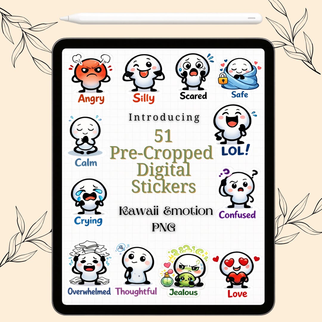 51 Pre-cropped Kawaii Emotion Stickers PNG | Cute Mood Tracker Digital ...